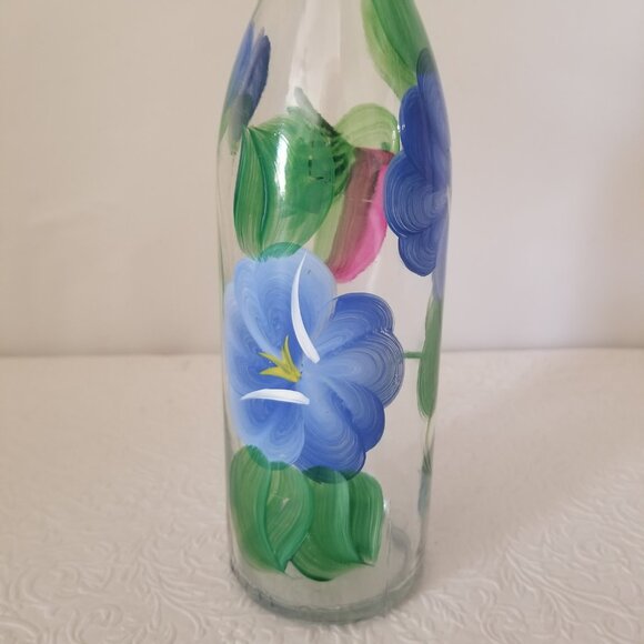Vtg 9" Hand Painted Floral Hummingbird Clear Glass Olive Oil Dispenser 12.7 oz - Picture 4 of 13